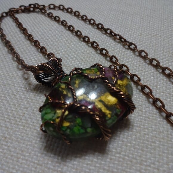 Rustic OYSTER TURQUOISE Handmade COPPER WIRE-WRAPPED Pendant/Chain #804B - Picture 1 of 3